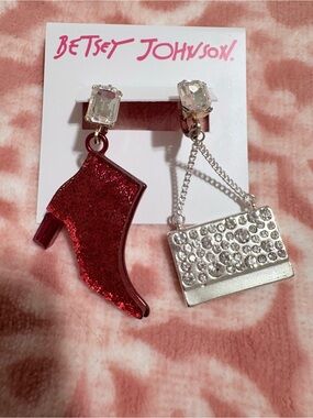 Betsey Johnson Red Glitter Boot and Silver Rhinestone Purse Dangle Earrings